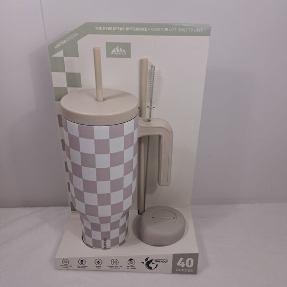 Hydrapeak Voyager 40oz Steel Tumbler Limited Edition Cream Checkered With Handle - Picture 1 of 8
